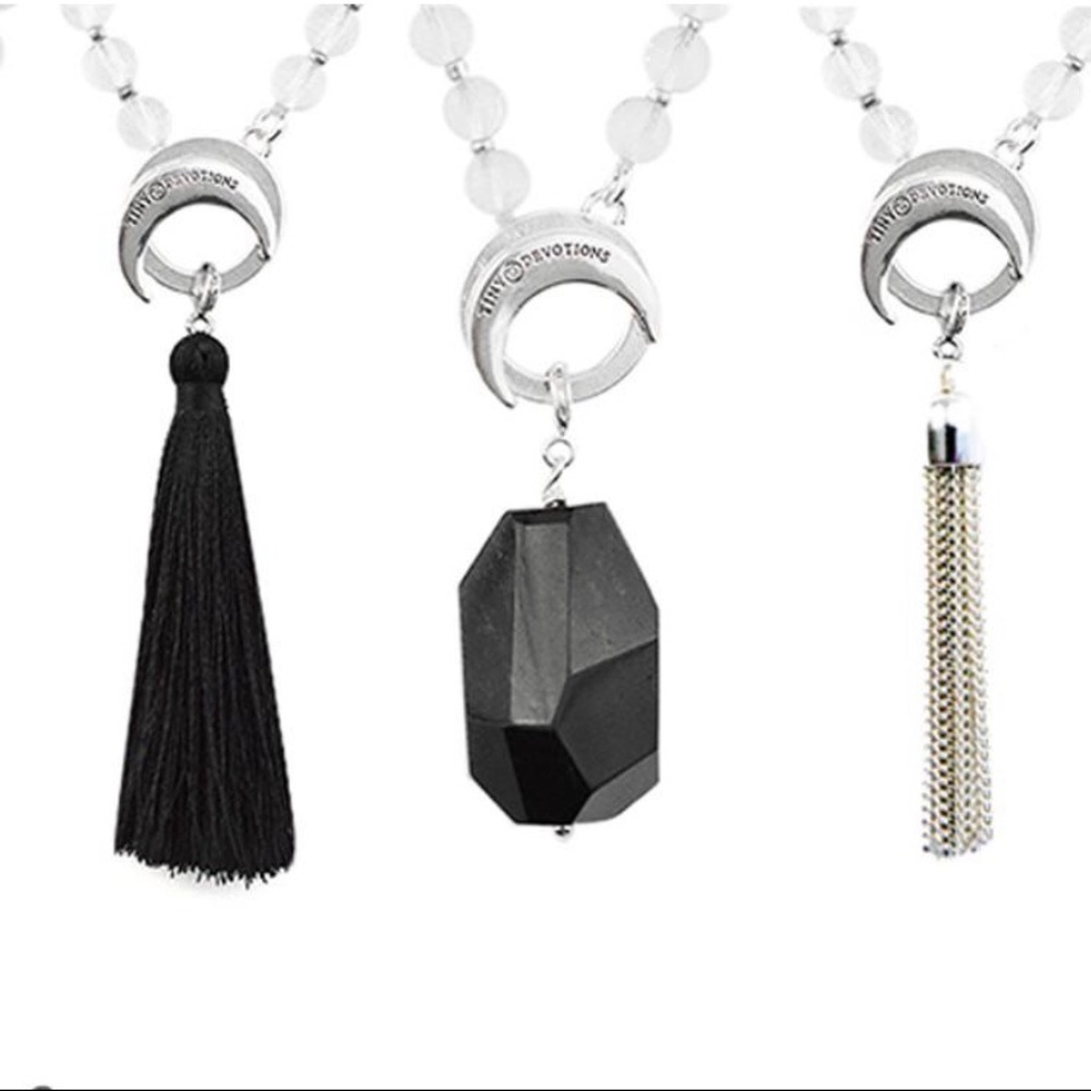Clear Quartz Limitless Mala by Tiny Devotion Obsidian Silk Silver Tassles